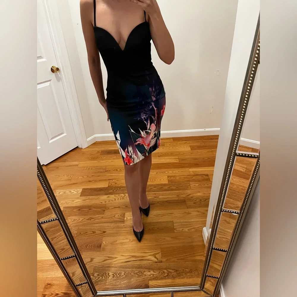 Bebe Black Floral Bodycon Dress | Deep V Neck Scuba Midi | Fitted - Picture 8 of 10